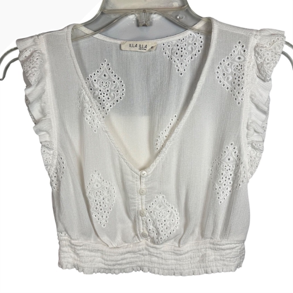 Illa Illa White Crop Top, Diamond Eyelet Embroidery, Ruffle Flutter Sleeve, L